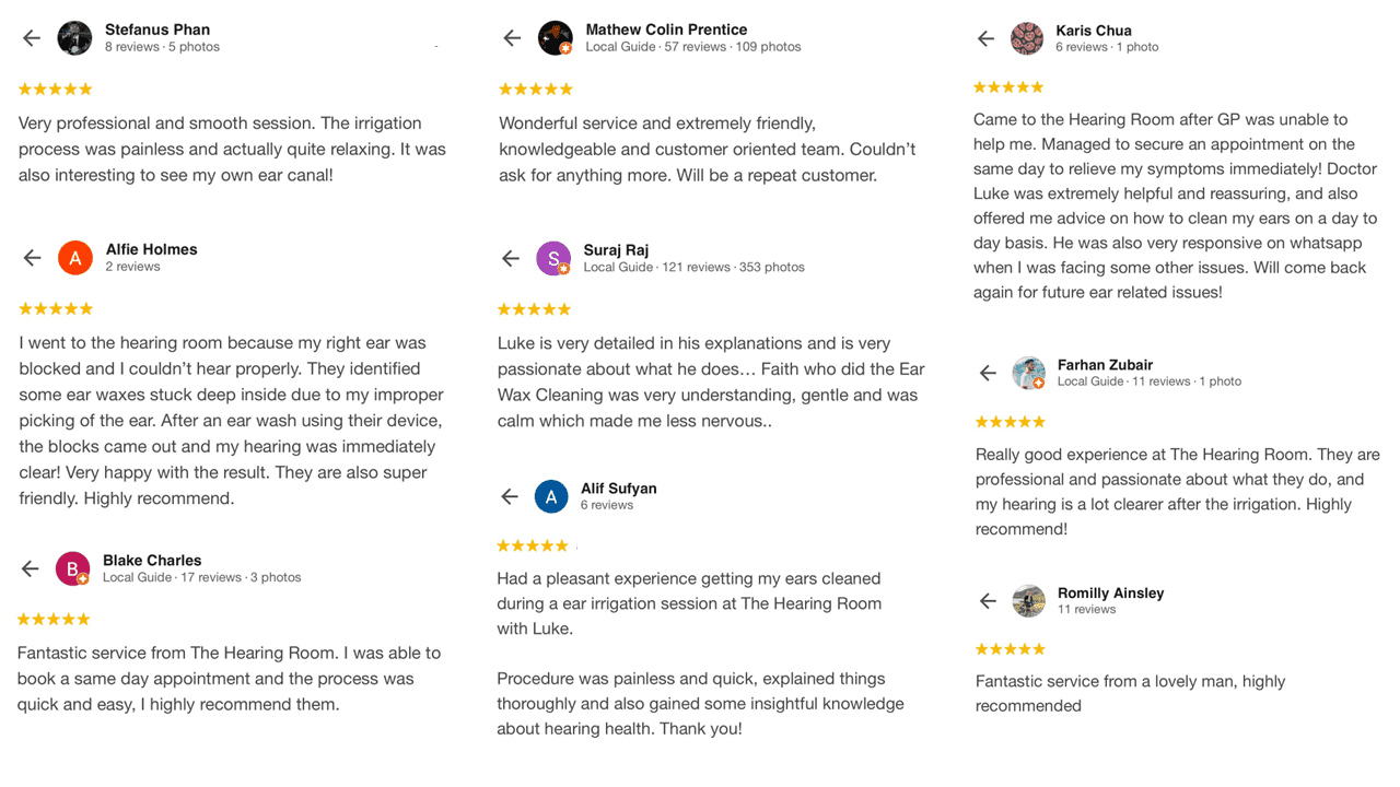 Good reviews and testimonials on orofessional ear wax removal services in Singapore